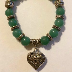 NEW! Custom Made Silver Green Round Shape Stretch Bracelet with Heart Charm
